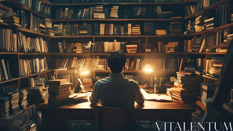 Solitary researcher at wooden desk in warmly lit dense library