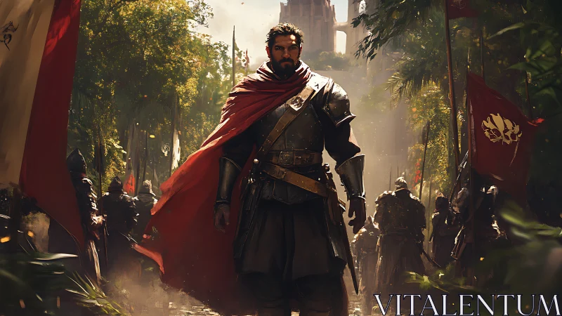 Crimson-cloaked commander strides through sunlit jungle warpath.