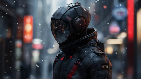Neon-coated urban sentinel in reflective tactical helmet.