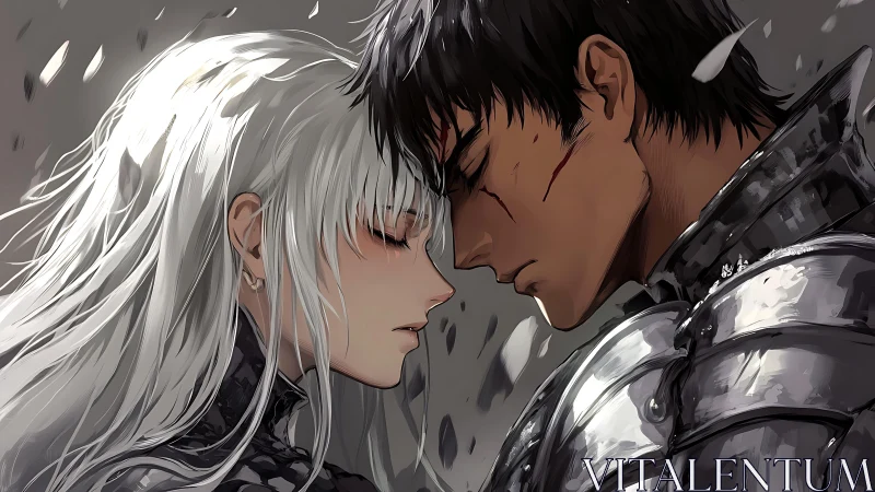 Armored warrior and pale-haired woman share intimate resolve