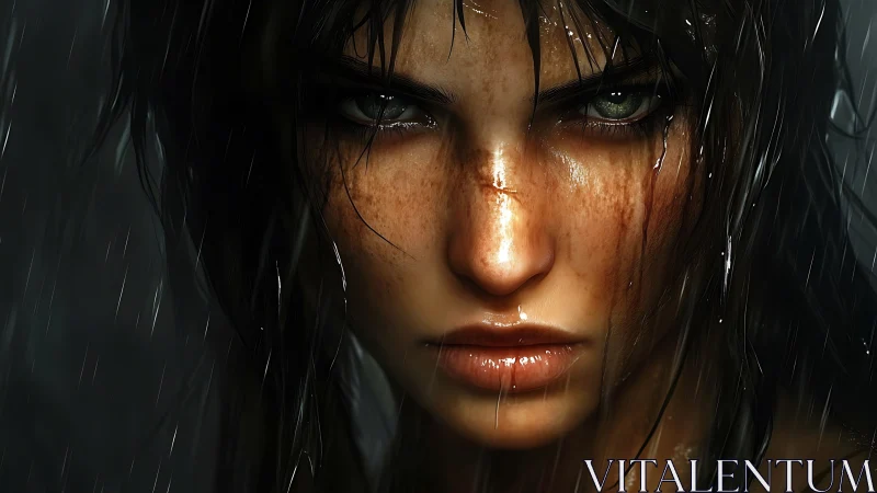 Rain-soaked huntress locks stormlit eyes on her target.