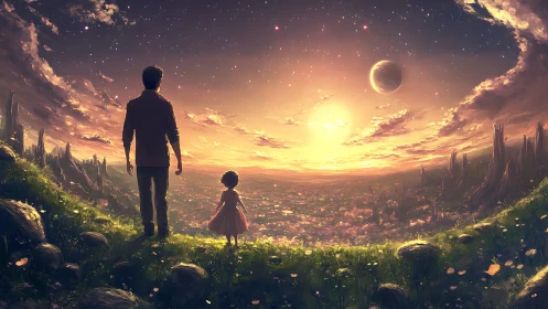 Starlit father and child overlooking luminous alien valley.