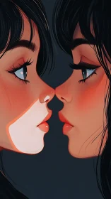 Two figures with black hair positioned nose-to-nose about to kiss.