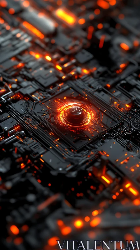 Glowing cyber core pulsing with warm neon circuitry light.