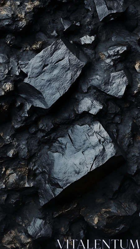 Dark fractured rock surface shows angular glossy textures