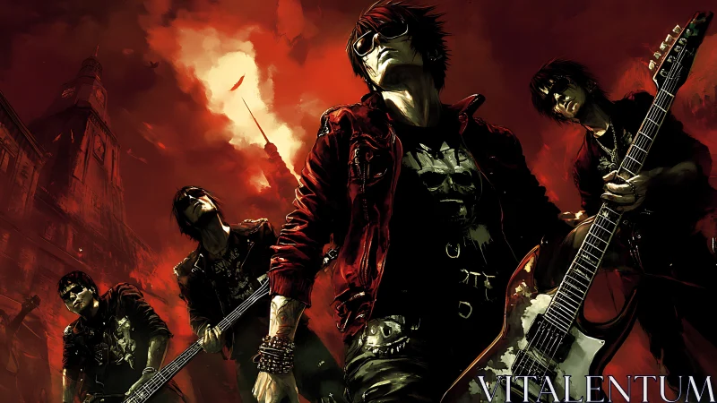 Digital painting of rock band amid apocalyptic red cityscape.