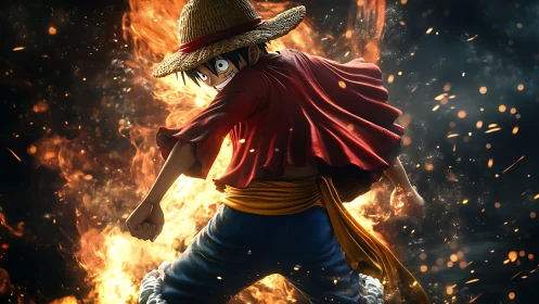 Straw hat fighter charges through swirling firestorm backdrop.