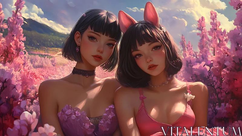 Blossom twin muses in candy-pink dreamlit meadow glow.