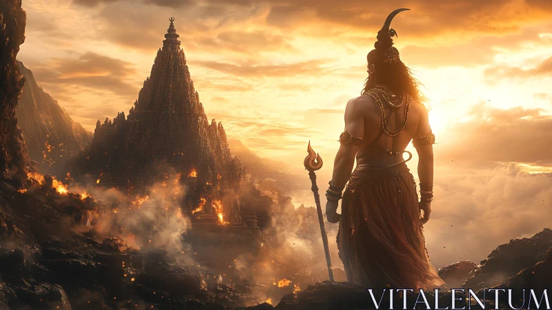 Warrior deity overlooking burning mountain citadel at dawn.