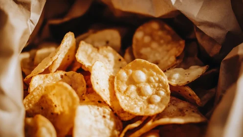 Macro study of fried potato crisps with golden surface topology.