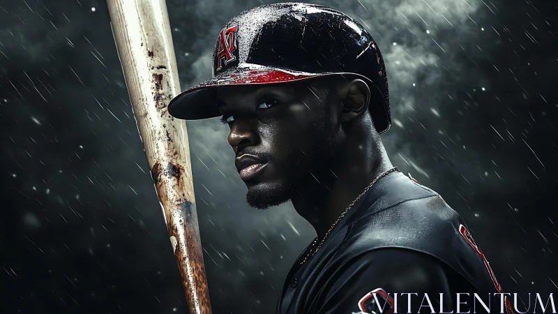 Rain-soaked baseball portrait with dramatic side lighting.