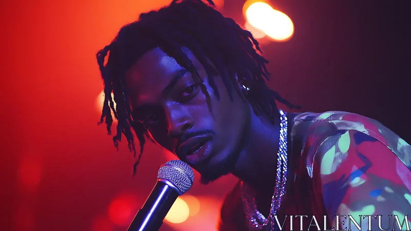 Male vocalist with microphone under red and blue stage lighting.