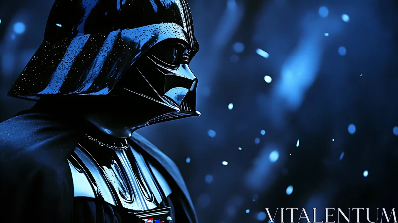 Dark armored figure in blue-lit snowfall gazes ahead.