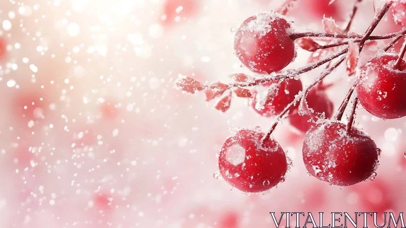 Frost‑kissed scarlet berries sparkling in hush of snowfall.