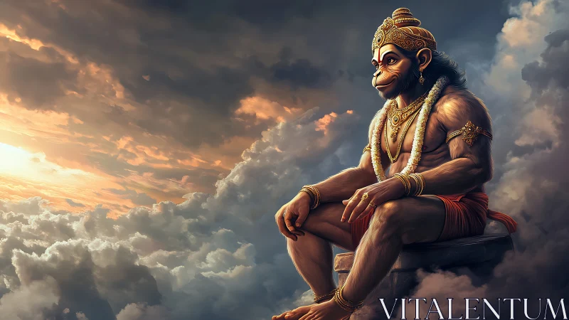 Digital painting of divine simian deity seated in clouds.