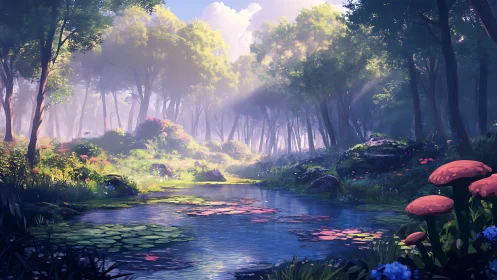Enchanted Forest Stream with Mystical Light.