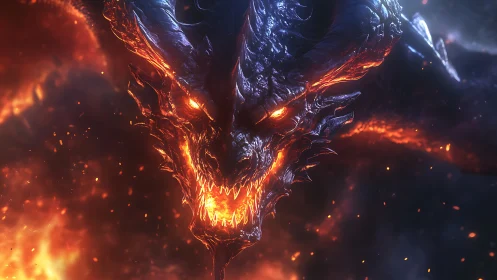 Molten fire dragon head roaring in blazing inferno.