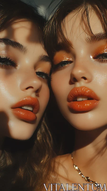 Photorealistic close-up beauty portrait with glossy orange lips.
