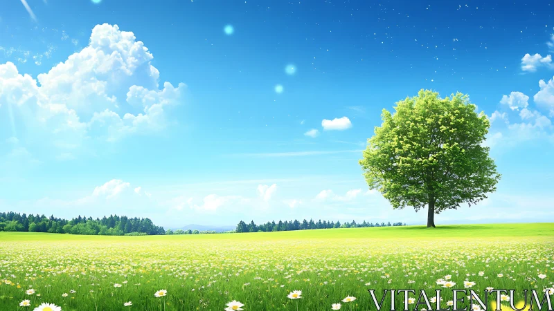 Lone green tree stands over sunlit meadow and bright sky.