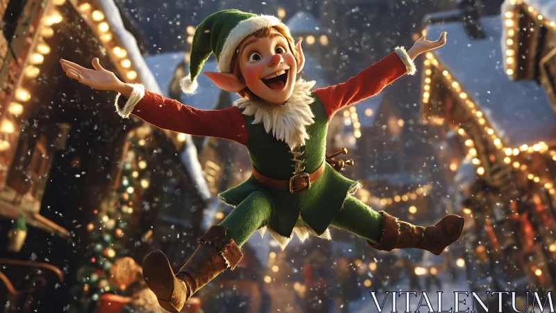 Joyful Christmas elf leaping through a glowing winter village.