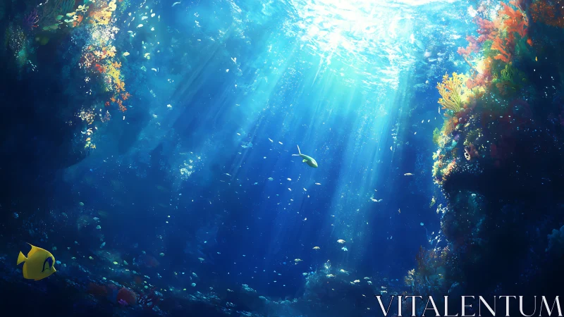 Sunlit coral canyon with schooling fish in deep blue sea.