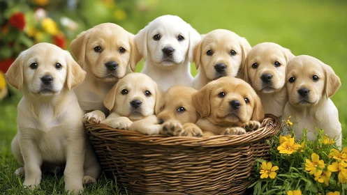 Group of labrador puppies sits clustered in a wicker basket