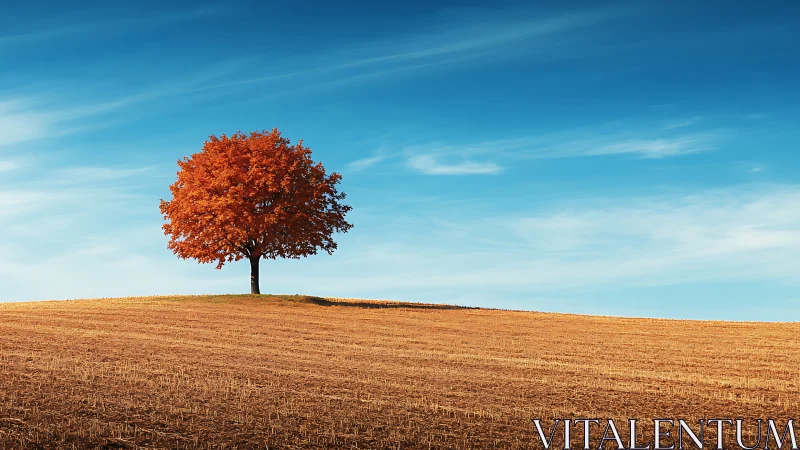 Solitary autumn tree crowning a sunlit harvested hillside.