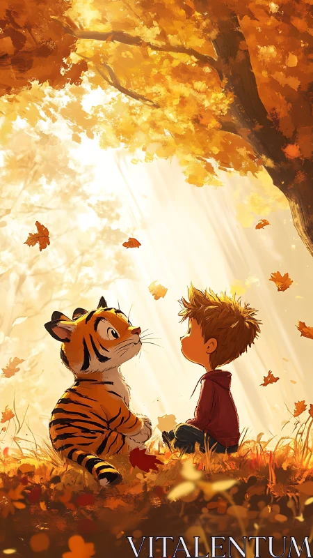 Child and tiger share quiet moment in glowing autumn forest.