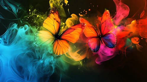 Digital butterflies with multicolored smoke dispersion effect.