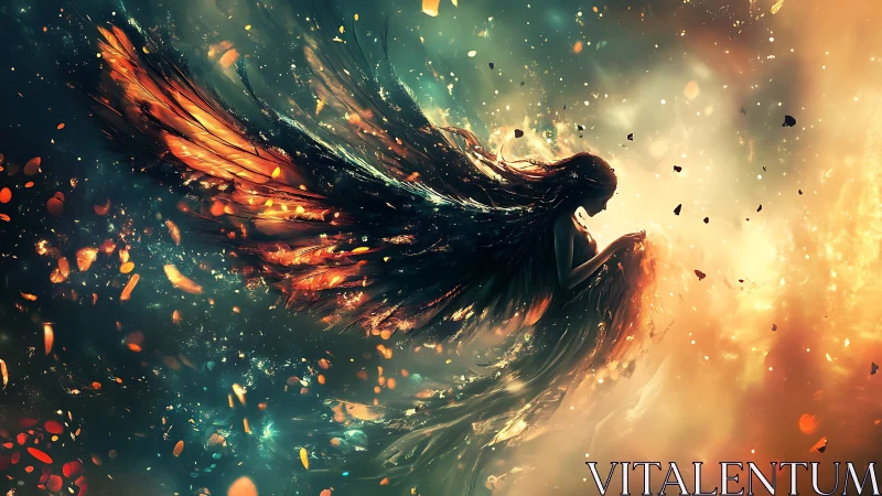 Celestial fire-winged angel emerging through cosmic light.
