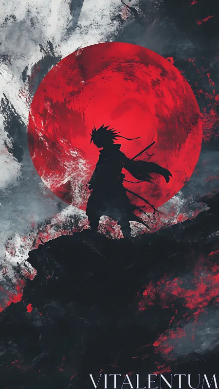 Silhouetted warrior before storm-scarred crimson sunscape.