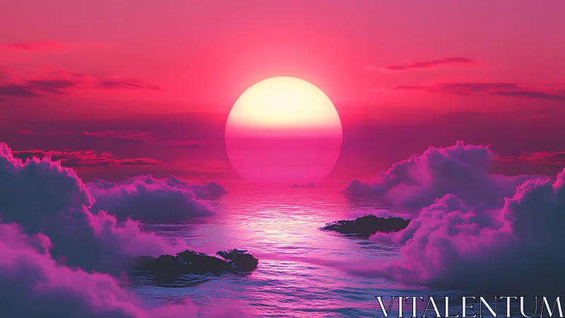 Neon magenta ocean horizon with oversized solar disc at dusk