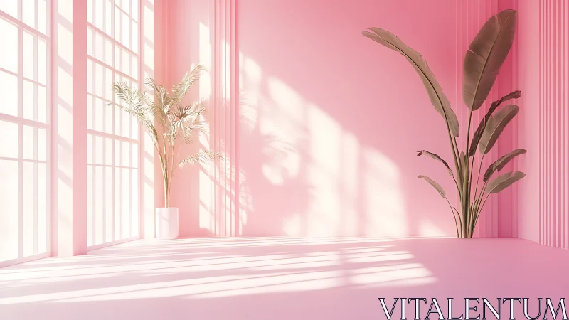 Minimalist pink interior with tropical plants and soft daylight.