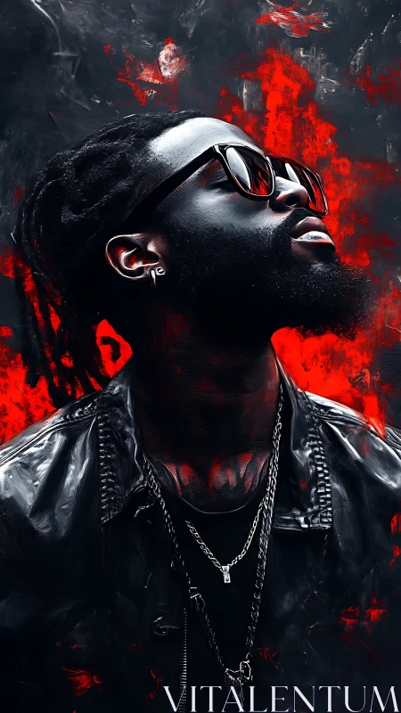 Portrait depicts man in sunglasses against red textured backdrop