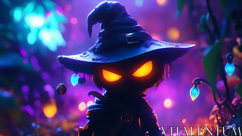 Small glowing-eyed wizard silhouette stands in neon forest
