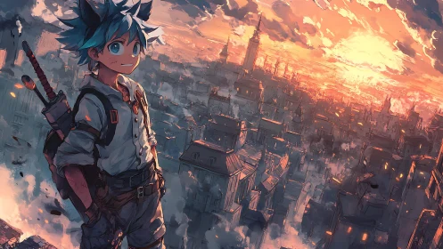 Sword-carrying boy overlooks sprawling city at sunset