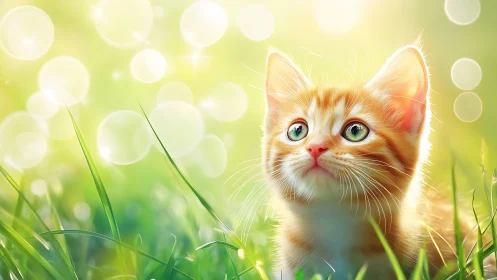 Golden Kitten in Spring Meadow. Soft Focus Portrait.