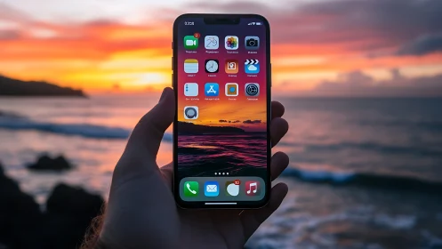 Hand-held smartphone displaying iOS interface against golden-hour coastal seascape backdrop.
