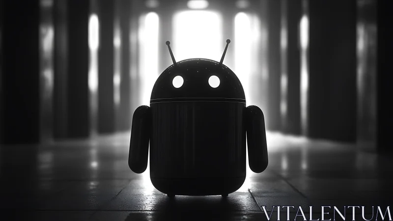 Lonely android mascot stands in glowing futuristic corridor