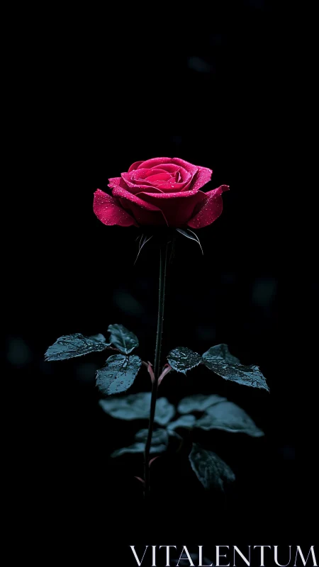 Hot Pink Rose with Water Droplets on Black Background
