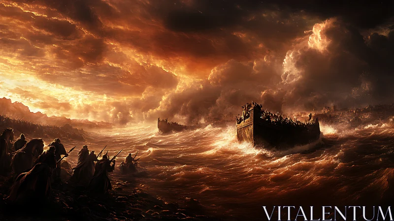 Storm-tossed ark sails through fiery apocalyptic seas.