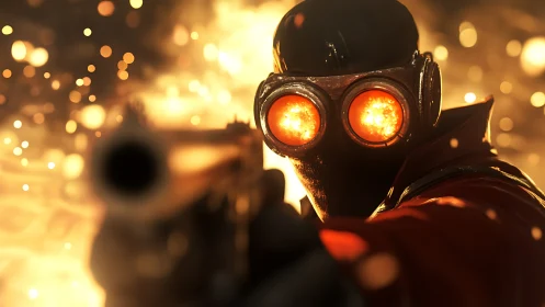 Masked figure with glowing goggles in fiery environment.