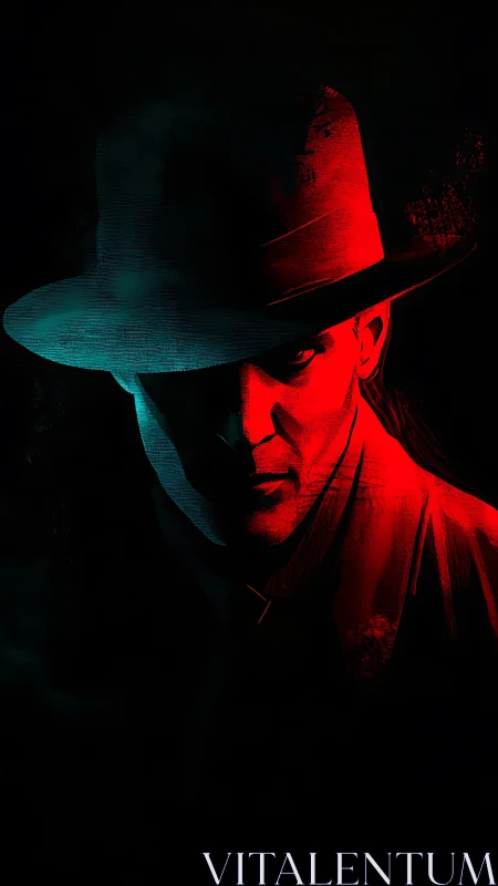 Noir detective portrait in split red and cyan light.
