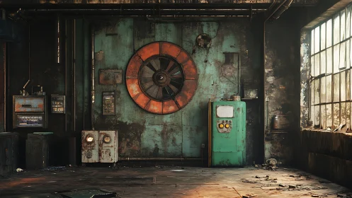 Rusted industrial control wall with teal machinery and fan.
