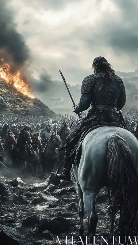 Armored cavalry commander overlooking burning battlefield.