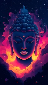 Stylized Buddha head is rendered within luminous nebula field