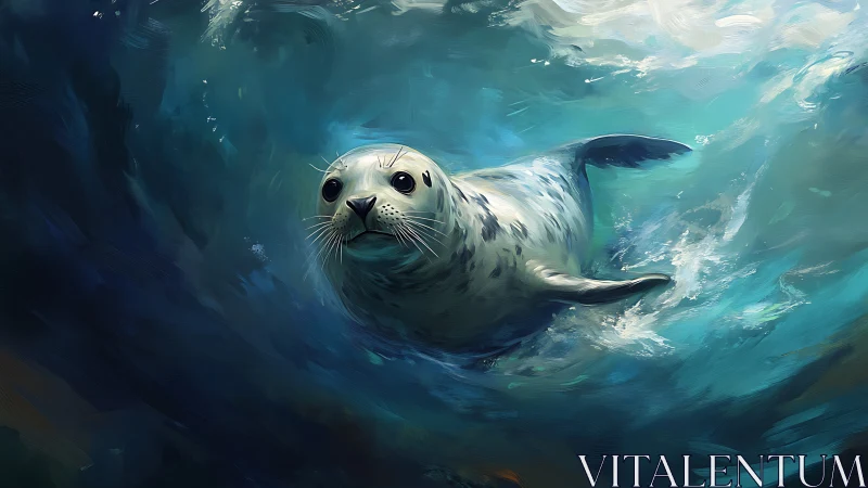 Playful spotted seal glides through swirling ocean waters.