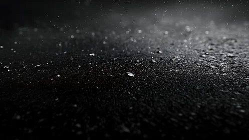 Rain droplets shimmer over dark asphalt at night.