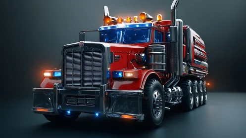 Shiny red semi truck render with chrome and roof lights.