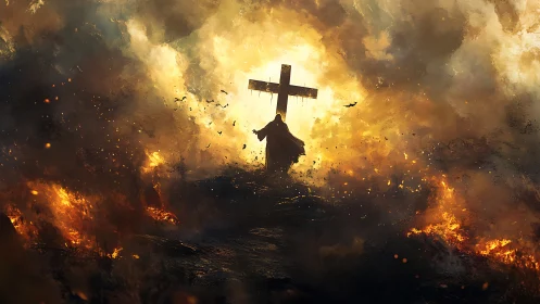 Cloaked figure before burning cross in apocalyptic inferno